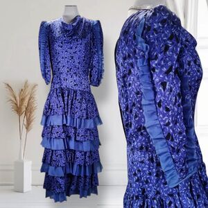 Vintage 80s Avant Garde Backless Dress Size M/L Abstract Print Tiered Ruffle Hem